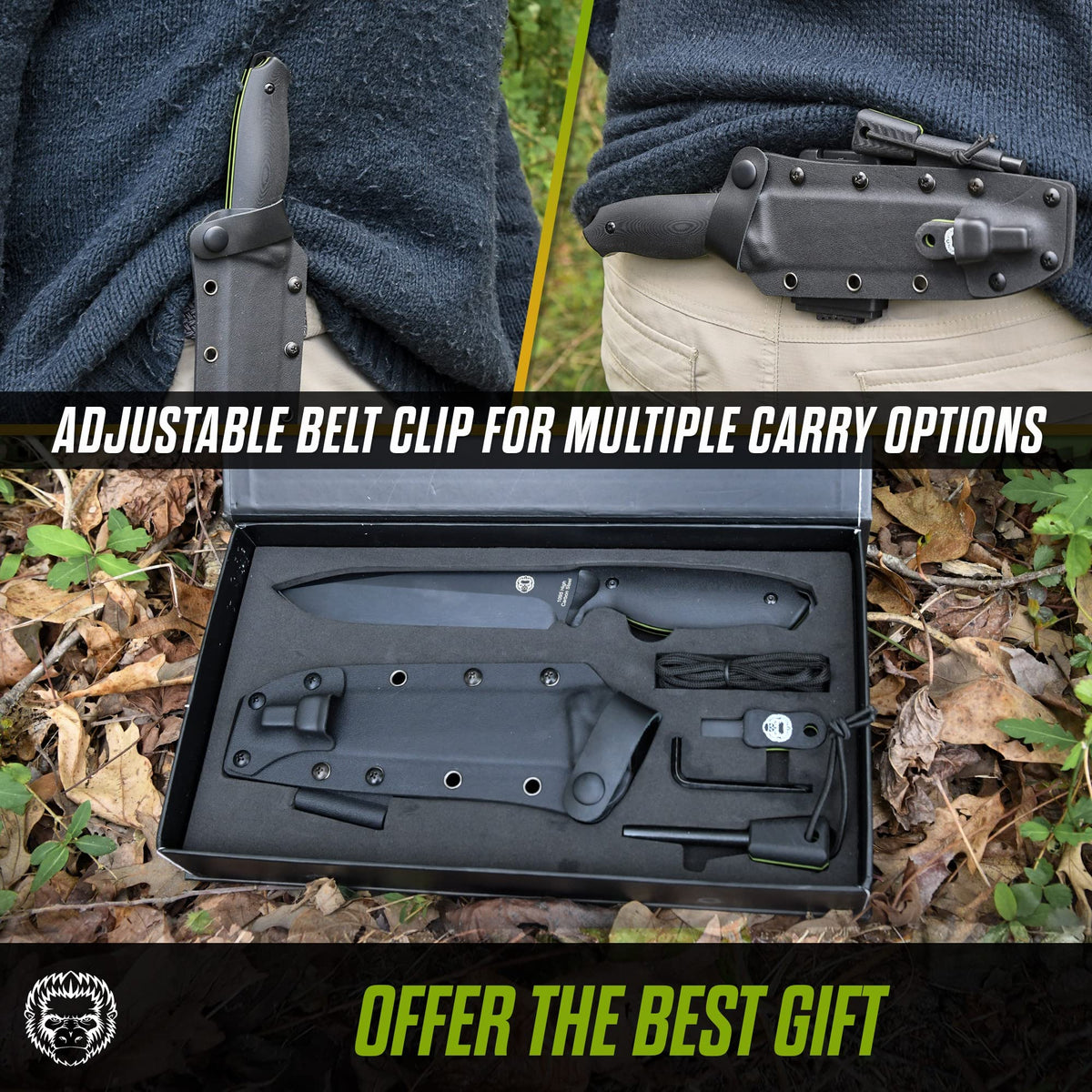 "The Fireline" Bushcraft Survival Knife with 1095 High Carbon Blade Giftset (Black and Green) - Get Tight Gear