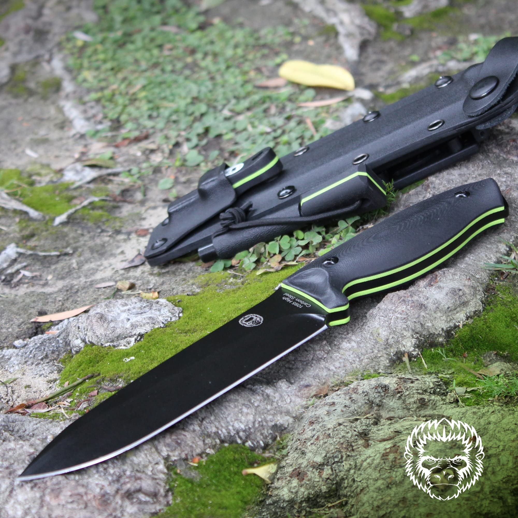 "The Fireline" Bushcraft Survival Knife with 1095 High Carbon Blade Giftset (Black and Green) - Get Tight Gear