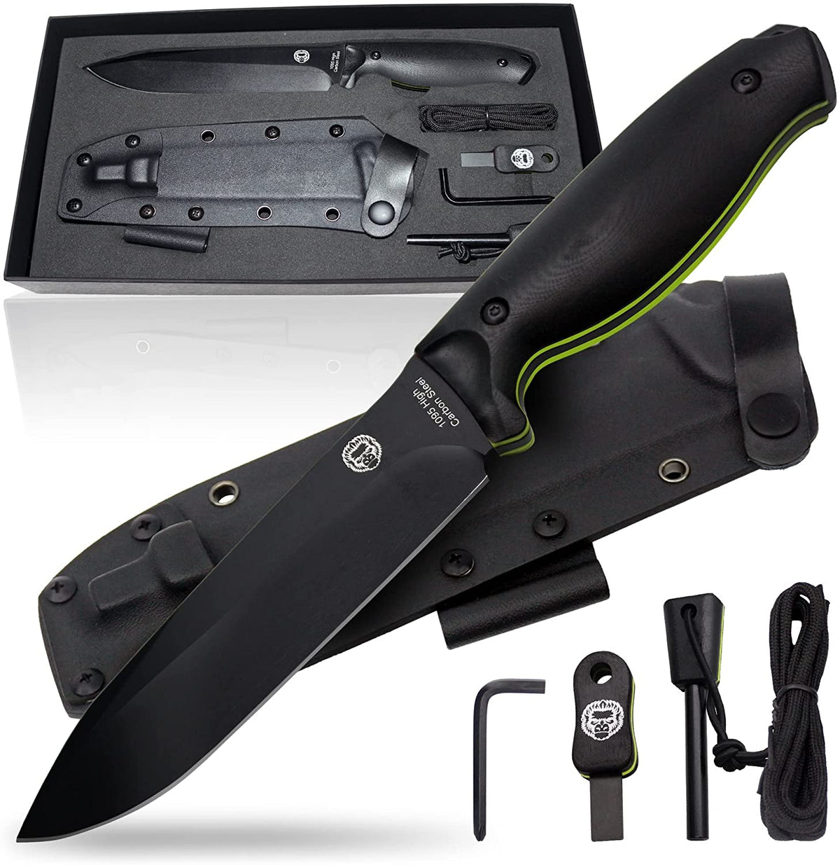 "The Fireline" Bushcraft Survival Knife with 1095 High Carbon Blade Giftset (Black and Green) - Get Tight Gear