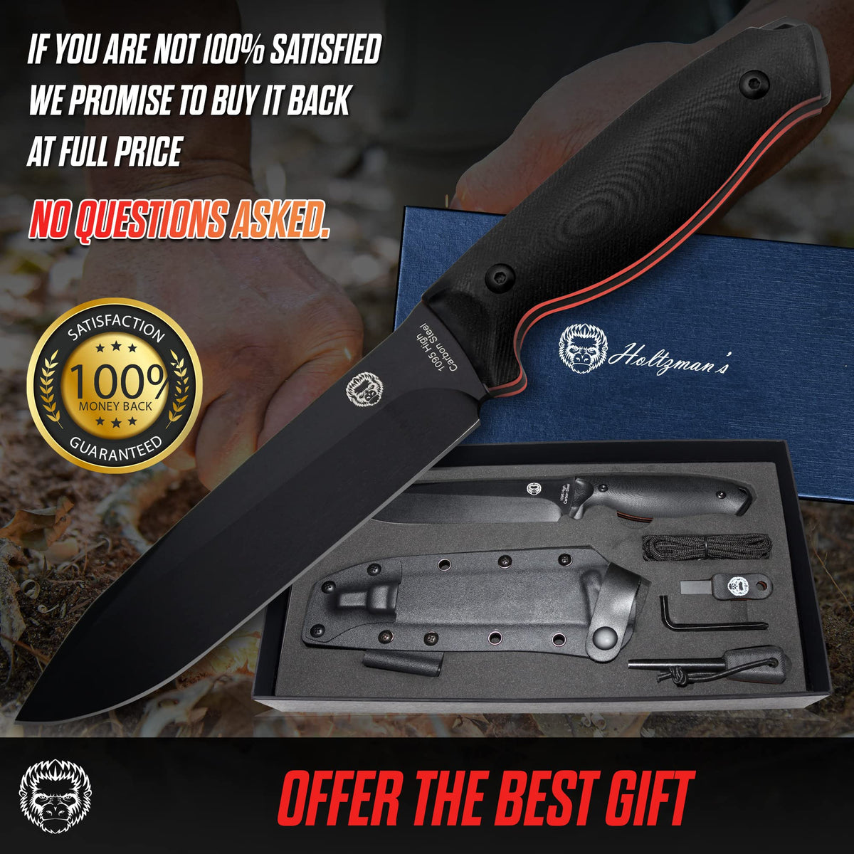 "The Fireline" Bushcraft Survival Knife with 1095 High Carbon Blade Giftset (Black and Orange) - Get Tight Gear