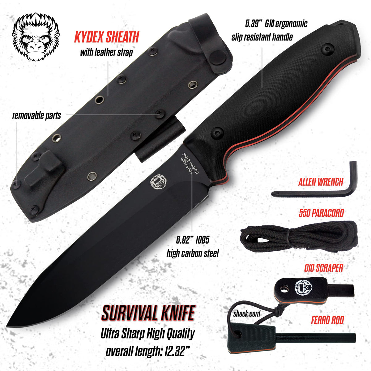 "The Fireline" Bushcraft Survival Knife with 1095 High Carbon Blade Giftset (Black and Orange) - Get Tight Gear
