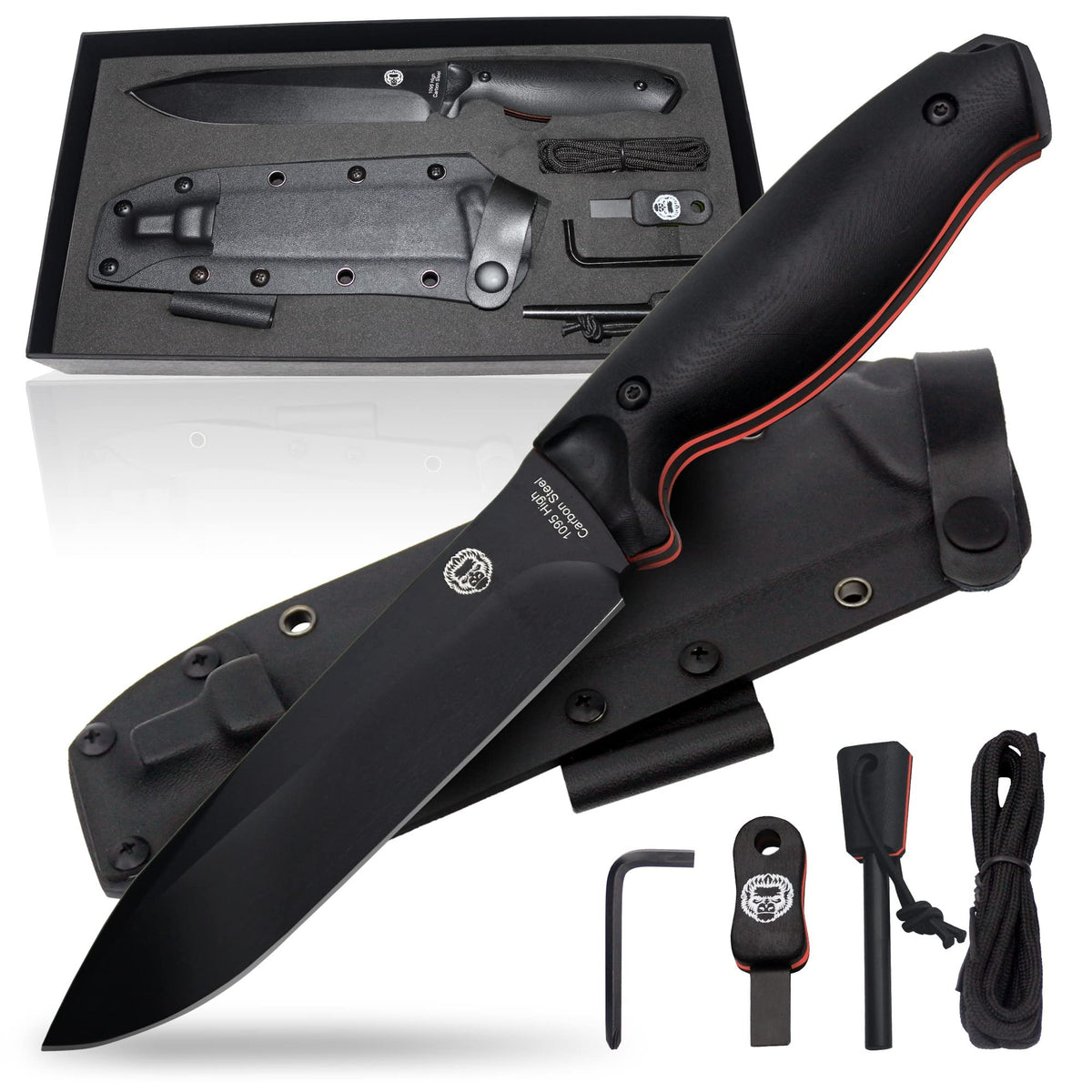 "The Fireline" Bushcraft Survival Knife with 1095 High Carbon Blade Giftset (Black and Orange) - Get Tight Gear