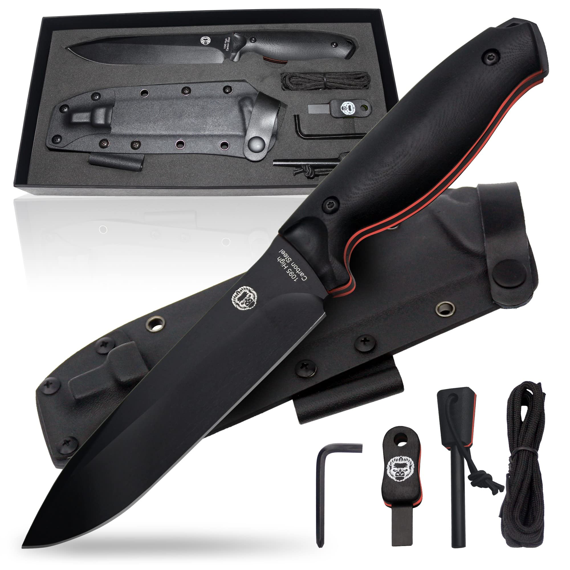 "The Fireline" Bushcraft Survival Knife with 1095 High Carbon Blade Giftset (Black and Orange) - Get Tight Gear