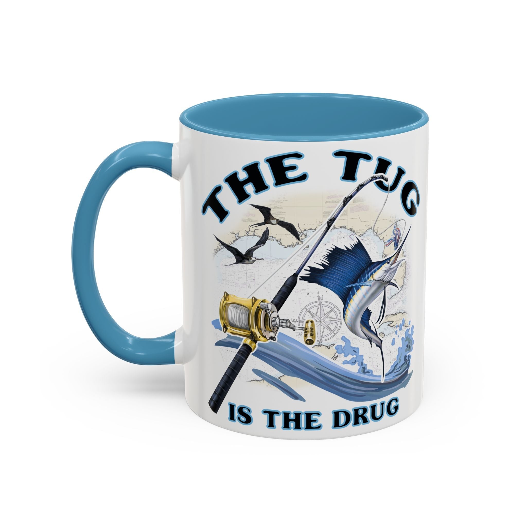 The Tug Is The Drug™ Fishing Enthusiast Accent Mug - Perfect Gift for Anglers, Coffee Lovers, Ocean Vibes, Fishing Gifts, Men & Women - Get Tight Gear