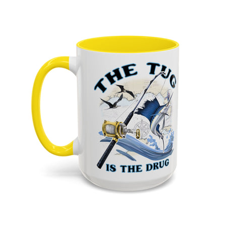 The Tug Is The Drug™ Fishing Enthusiast Accent Mug - Perfect Gift for Anglers, Coffee Lovers, Ocean Vibes, Fishing Gifts, Men & Women - Get Tight Gear