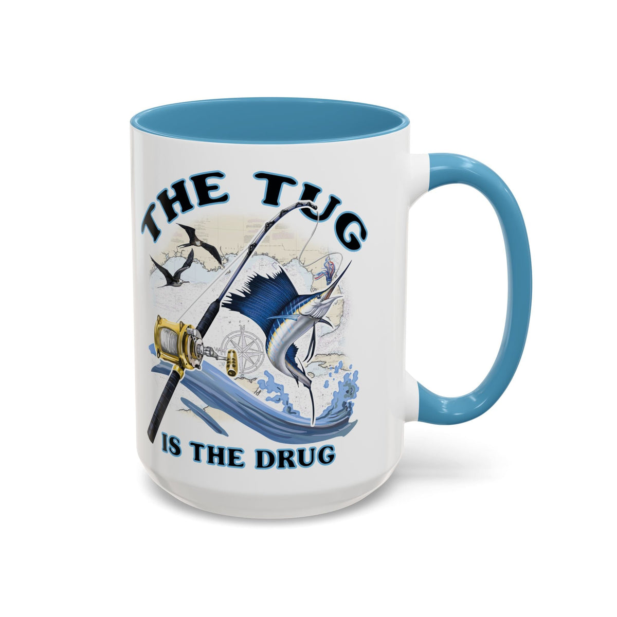 The Tug Is The Drug™ Fishing Enthusiast Accent Mug - Perfect Gift for Anglers, Coffee Lovers, Ocean Vibes, Fishing Gifts, Men & Women - Get Tight Gear