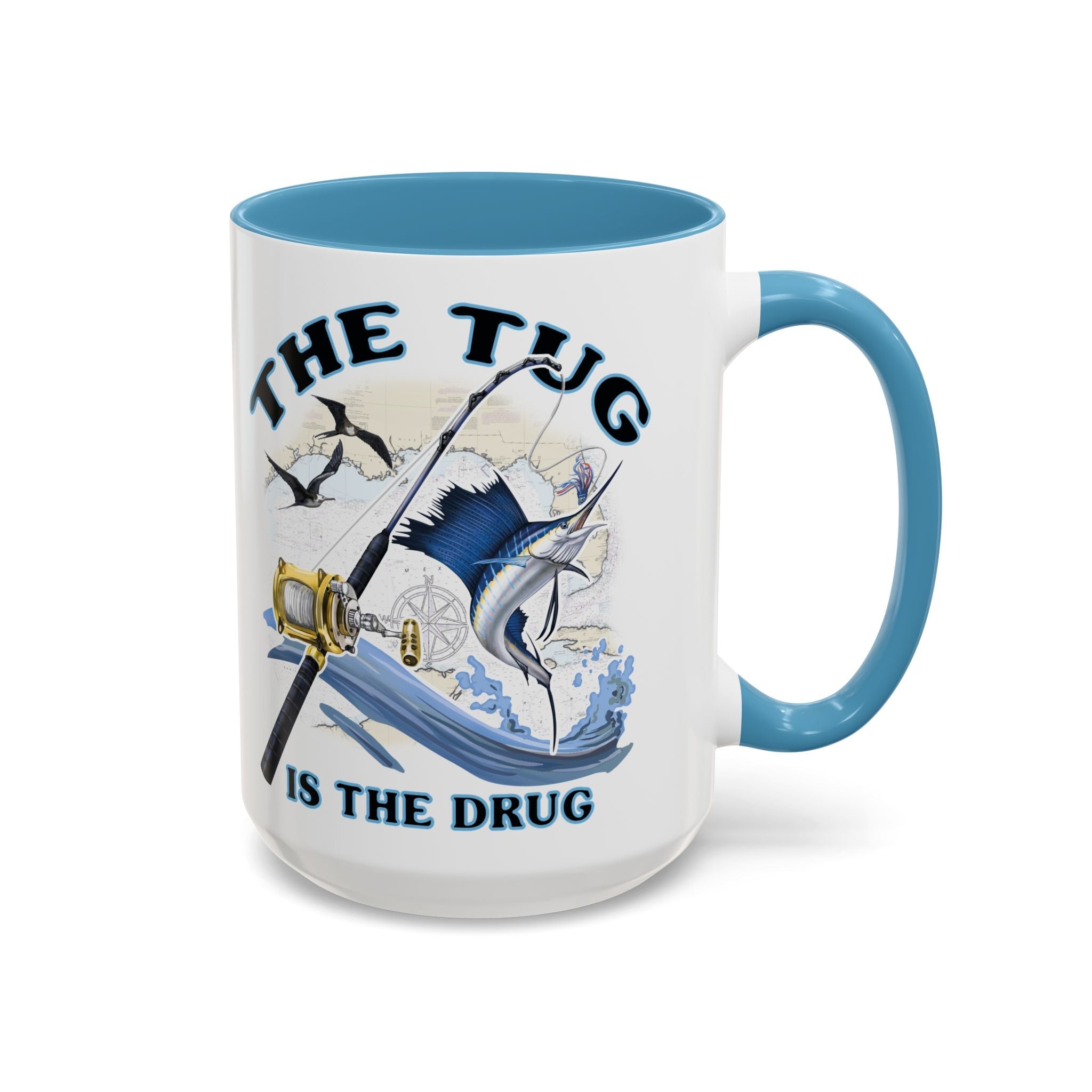 The Tug Is The Drug™ Fishing Enthusiast Accent Mug - Perfect Gift for Anglers, Coffee Lovers, Ocean Vibes, Fishing Gifts, Men & Women - Get Tight Gear