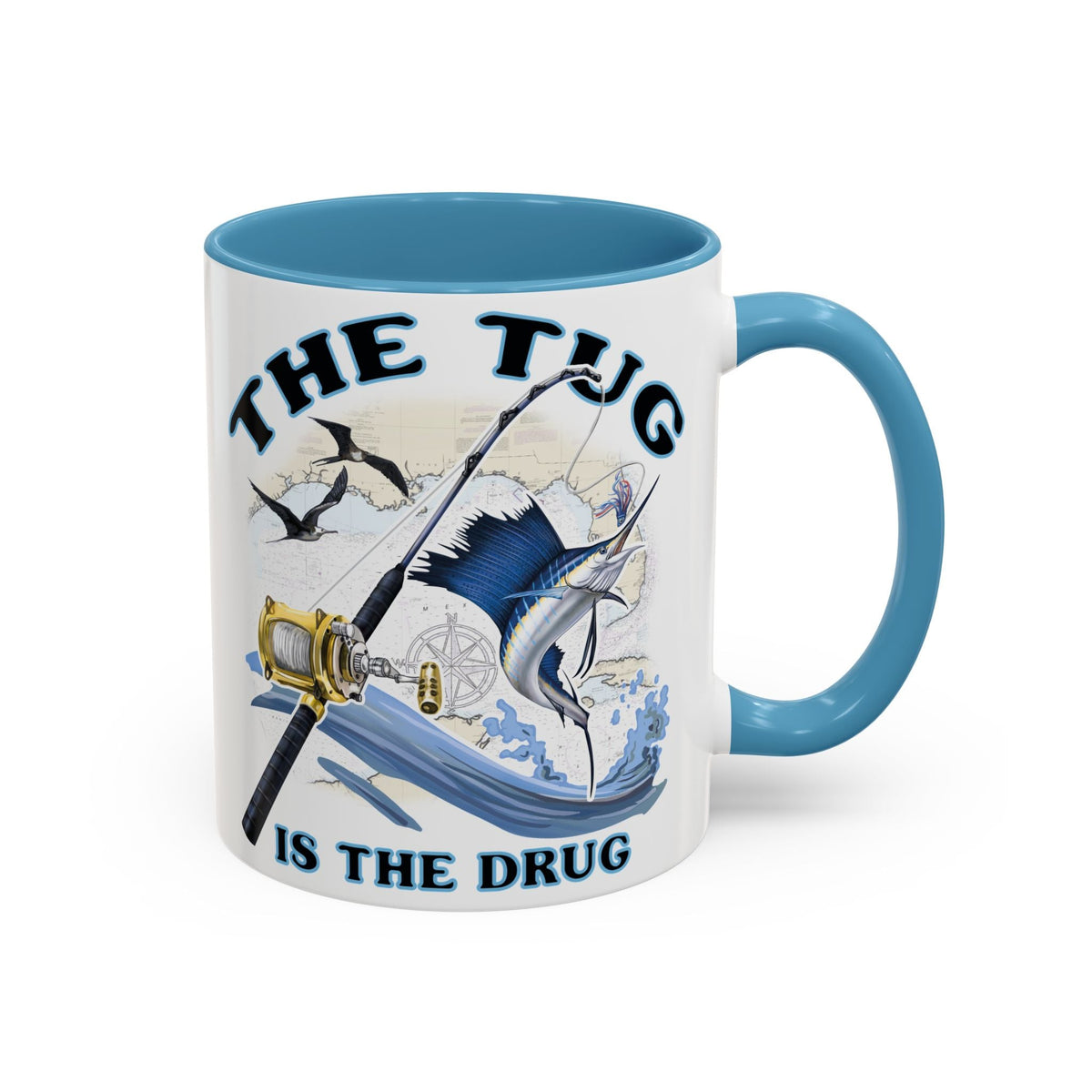 The Tug Is The Drug™ Fishing Enthusiast Accent Mug - Perfect Gift for Anglers, Coffee Lovers, Ocean Vibes, Fishing Gifts, Men & Women - Get Tight Gear