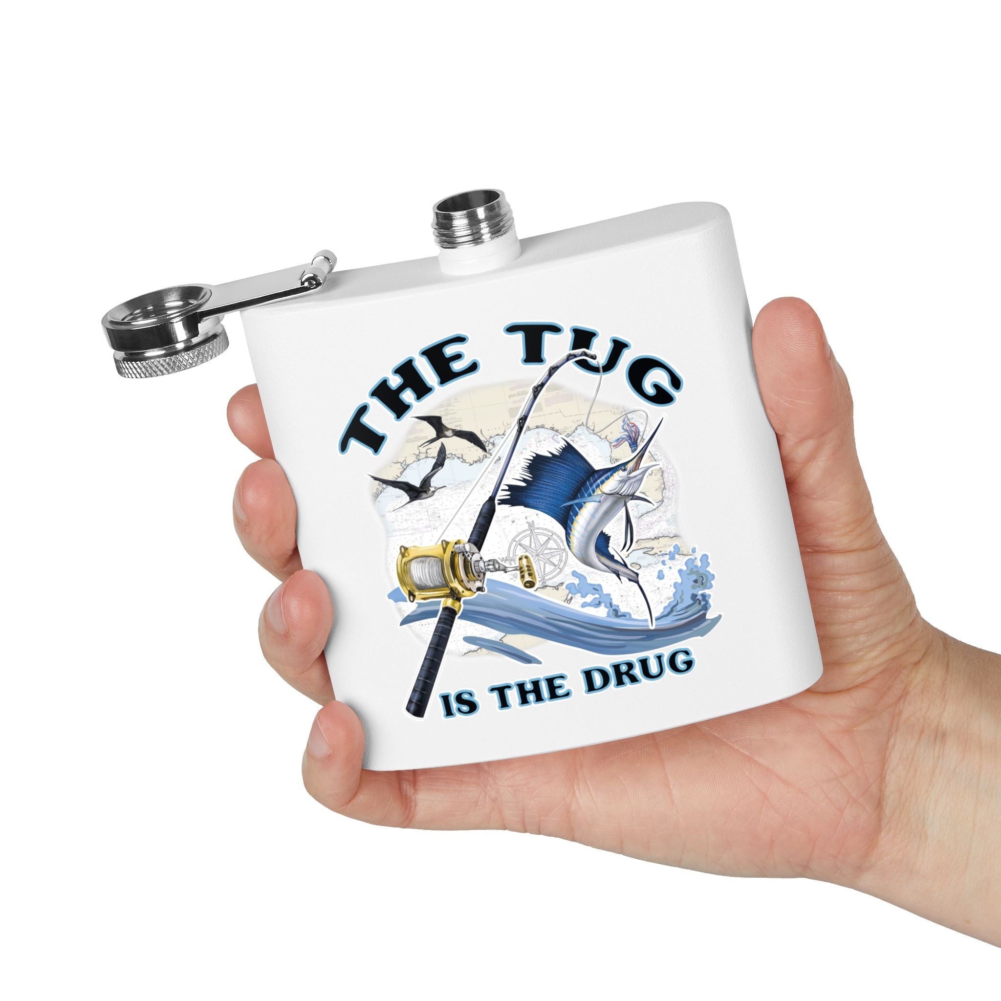 The Tug is the Drug™ Fishing - Themed Stainless Steel Flask - 6oz Outdoor Drinkware - Get Tight Gear