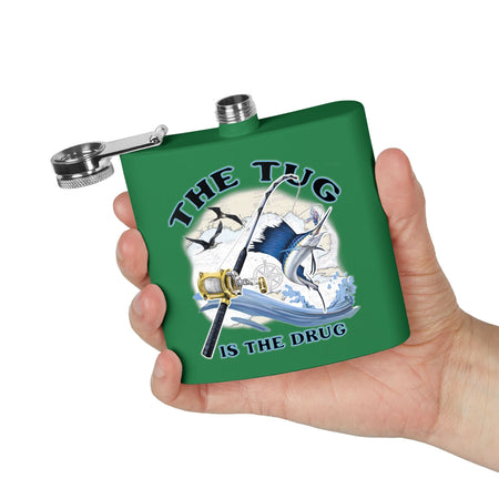 The Tug is the Drug™ Fishing - Themed Stainless Steel Flask - 6oz Outdoor Drinkware - Get Tight Gear