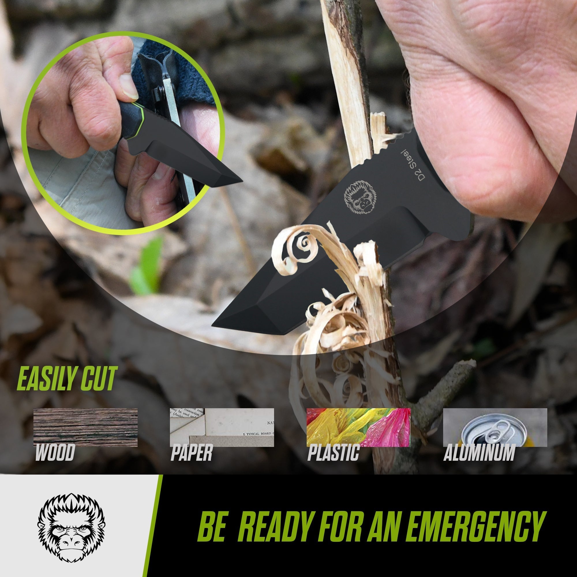 The Wakizashi Survival Neck Knife Giftset for Outdoors (Black Blade + Green Liner) - Get Tight Gear