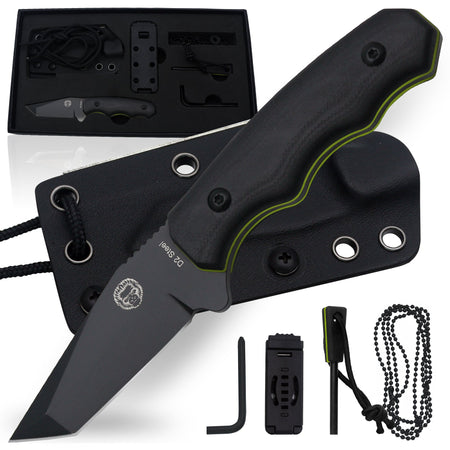 The Wakizashi Survival Neck Knife Giftset for Outdoors (Black Blade + Green Liner) - Get Tight Gear