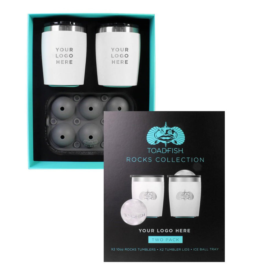 Toadfish Custom Engraved Non - Tipping 10oz White Rocks Tumblers with Ice Ball Tray - 2 Tumblers (MINIMUM ORDER QUANTITY OF 25) - Get Tight Gear