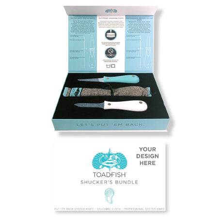 Toadfish Custom Engraved Shucker's Bundle - Teal Put 'Em Back Oyster Knife, Professional Oyster Knife & Cut - Proof Shucking Cloth - Knifes Are NOT Engraved (MINIMUM ORDER QUANTITY OF 25) - Get Tight Gear