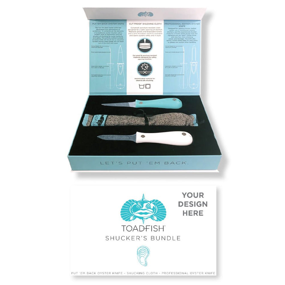Toadfish Custom Engraved Shucker's Bundle - Teal Put 'Em Back Oyster Knife, Professional Oyster Knife & Cut - Proof Shucking Cloth - Knifes Are NOT Engraved (MINIMUM ORDER QUANTITY OF 25) - Get Tight Gear