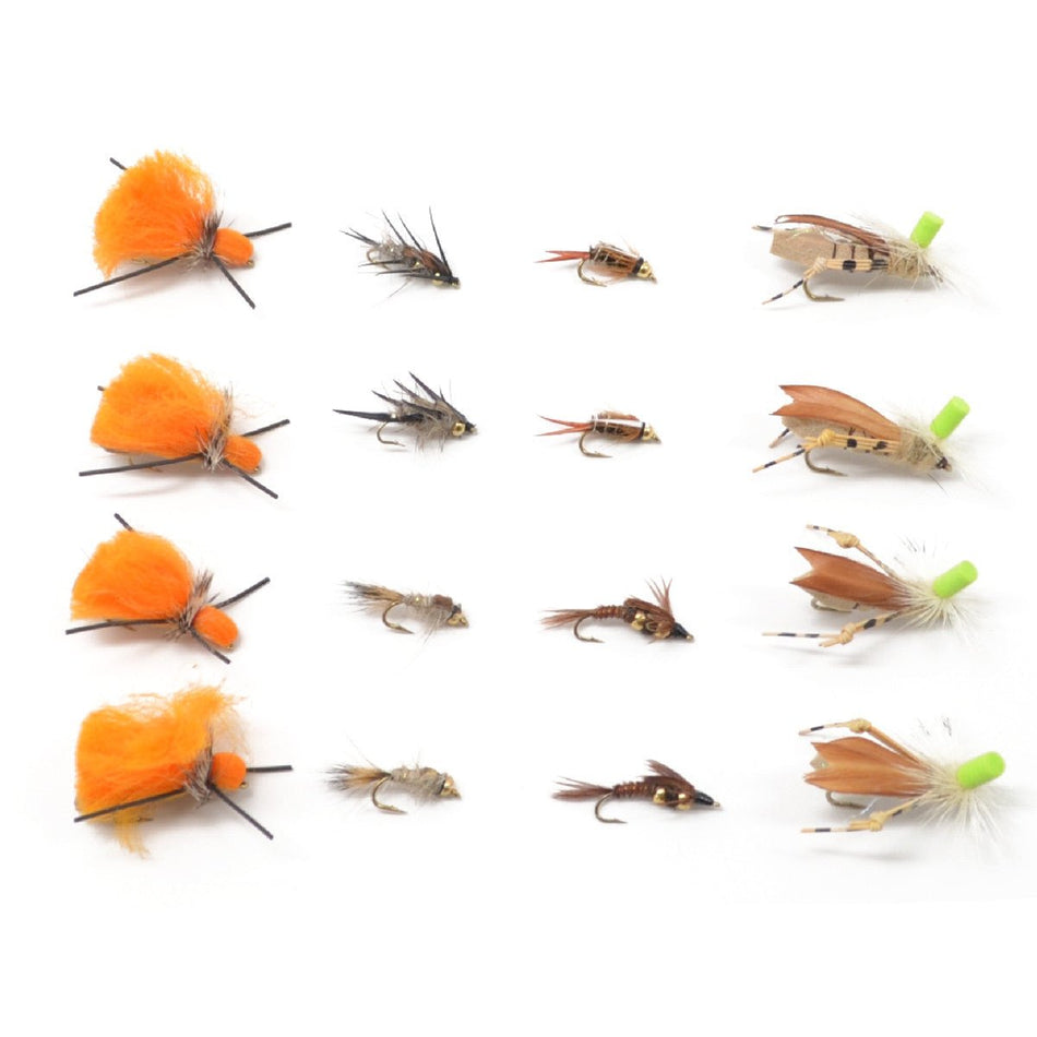 Trout Fly Assortment - Dry Fly Nymph Dropper Indie Tandem Fly Fishing Rig Collection - 16 Flies - Indicator Dry Flies and Dropper Nymphs - Get Tight Gear