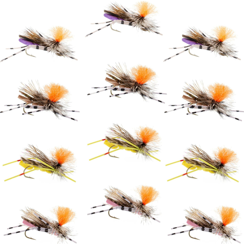 Trout Fly Assortment - High Visibility Feth Grasshopper Dry Fly Collection 1 Dozen Flies - Foam Body Hopper Flies - Size 10 - Get Tight Gear