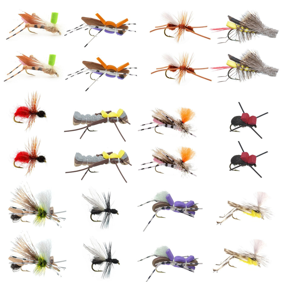 Trout Fly Assortment - Premium Terrestrial Flies - 24 Essential Hoppers, Ants and Beetles with Fly Box - Get Tight Gear