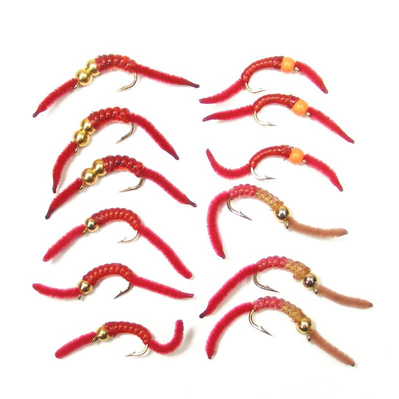 Trout Fly Assortment - San Juan Worm Power Bead 1 Dozen Wet Nymph Fly Fishing Flies - Hook Size 10 - 3 Each of 4 Patterns - Get Tight Gear