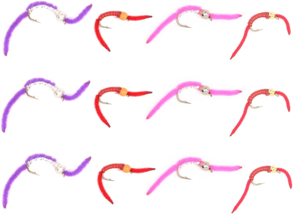 Trout Fly Assortment - San Juan Worm Power Bead Wet Nymph Fly Fishing Flies - 1 Dozen Hook Size 10 - 3 Each of 4 Patterns - Get Tight Gear