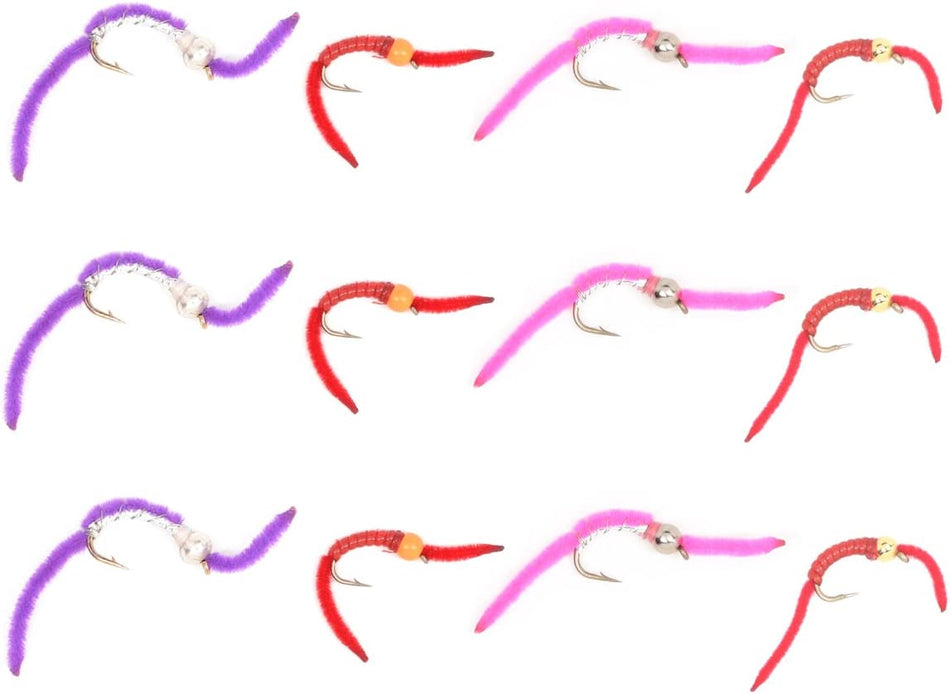 Trout Fly Assortment - San Juan Worm Power Bead Wet Nymph Fly Fishing Flies - 1 Dozen Hook Size 10 - 3 Each of 4 Patterns - Get Tight Gear