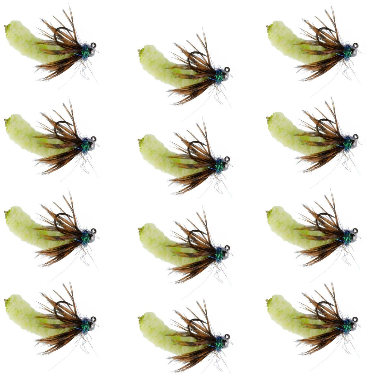 Tungsten Bead Chartreuse Mop Fly Tactical Jig Czech Euro Nymph Barbless Fly - 1 Dozen Flies Size 14 - Get Tight Gear