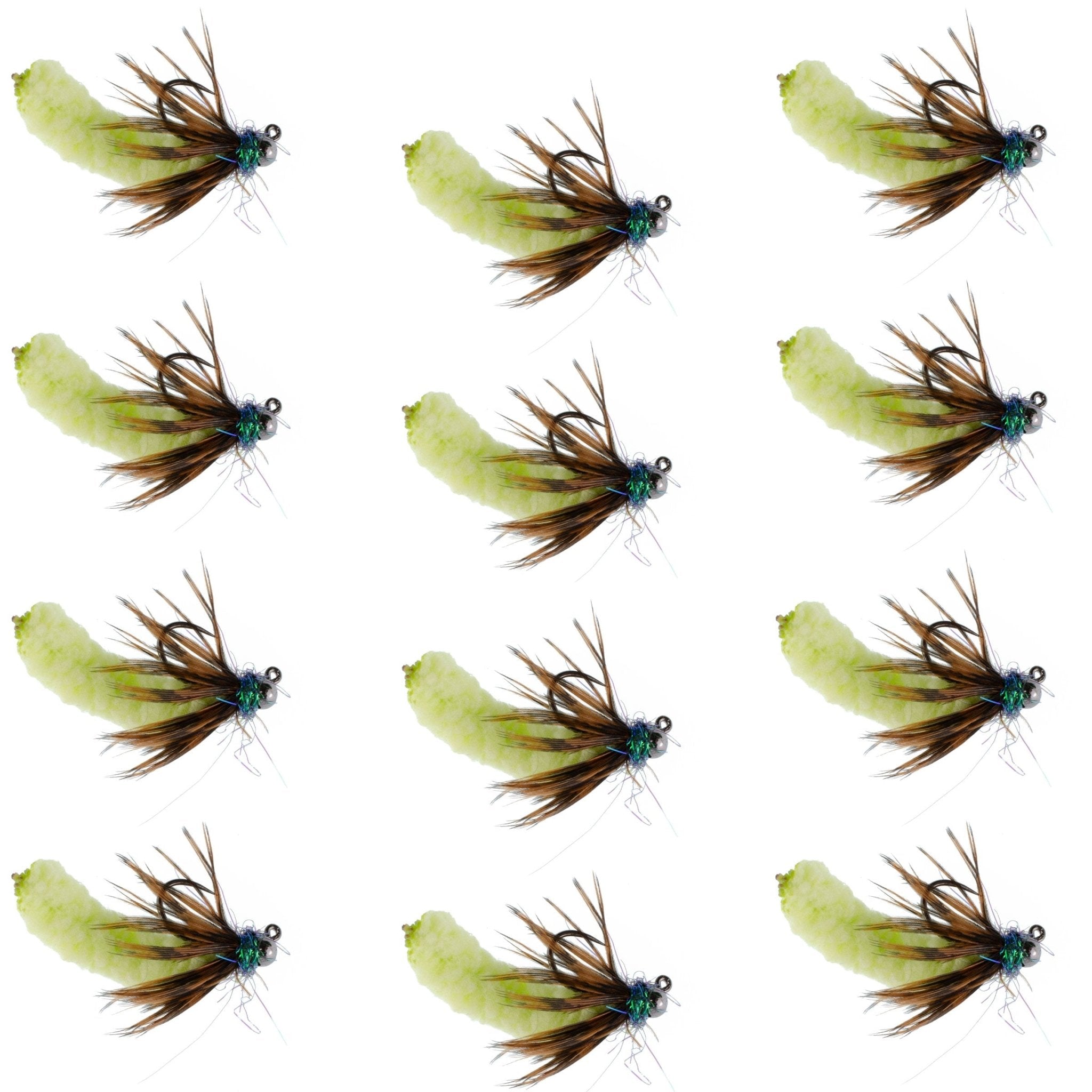 Tungsten Bead Chartreuse Mop Fly Tactical Jig Czech Euro Nymph Barbless Fly - 1 Dozen Flies Size 14 - Get Tight Gear