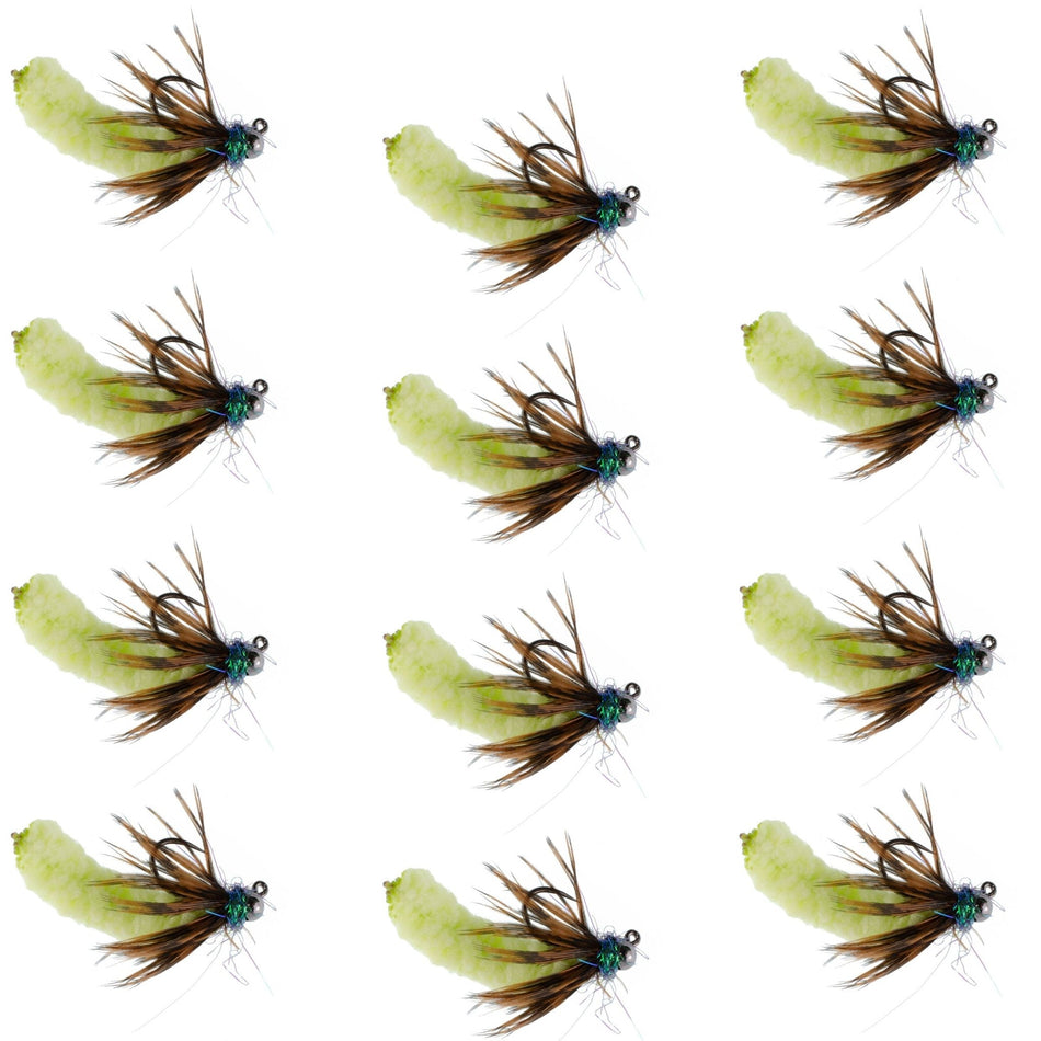Tungsten Bead Chartreuse Mop Fly Tactical Jig Czech Euro Nymph Barbless Fly - 1 Dozen Flies Size 14 - Get Tight Gear
