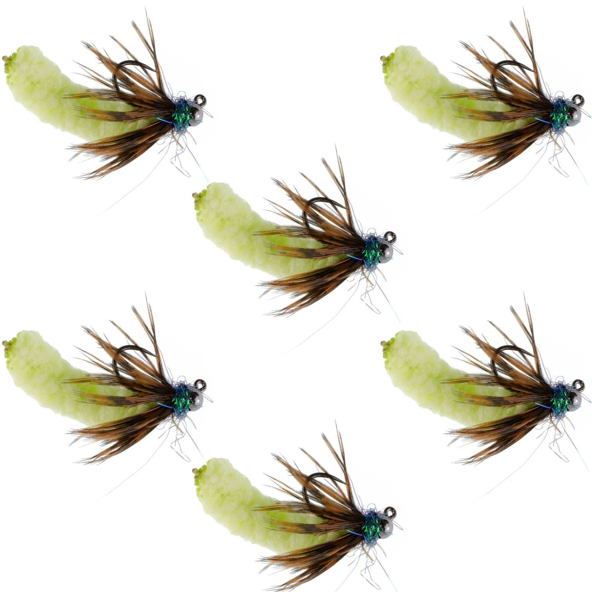 Tungsten Bead Chartreuse Mop Fly Tactical Jig Czech Euro Nymph Barbless Fly 6 Flies - Size 14 - Get Tight Gear