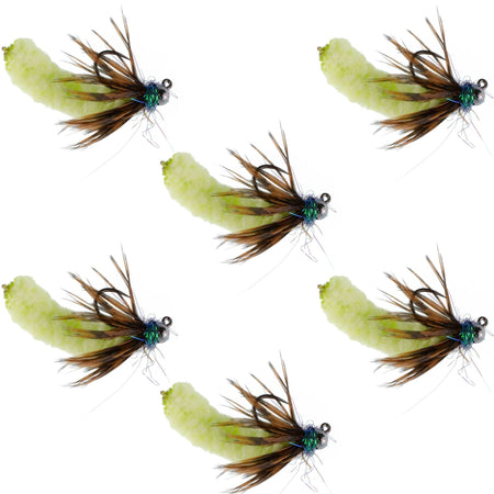 Tungsten Bead Chartreuse Mop Fly Tactical Jig Czech Euro Nymph Barbless Fly 6 Flies - Size 14 - Get Tight Gear