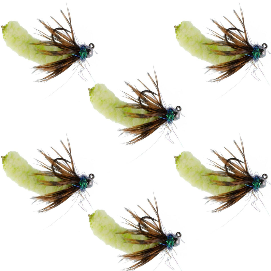 Tungsten Bead Chartreuse Mop Fly Tactical Jig Czech Euro Nymph Barbless Fly 6 Flies - Size 14 - Get Tight Gear