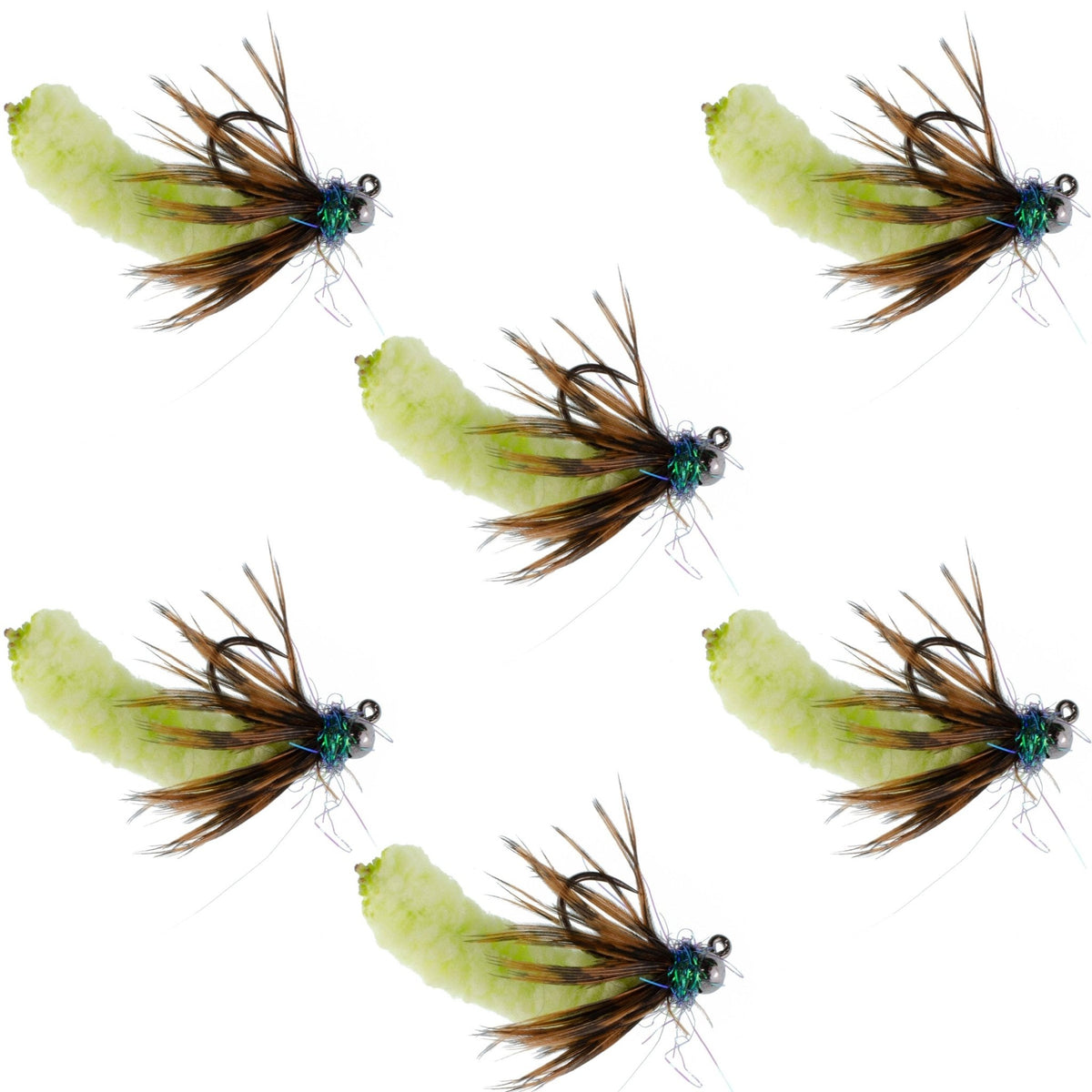 Tungsten Bead Chartreuse Mop Fly Tactical Jig Czech Euro Nymph Barbless Fly - 6 Flies Size 14 - Get Tight Gear