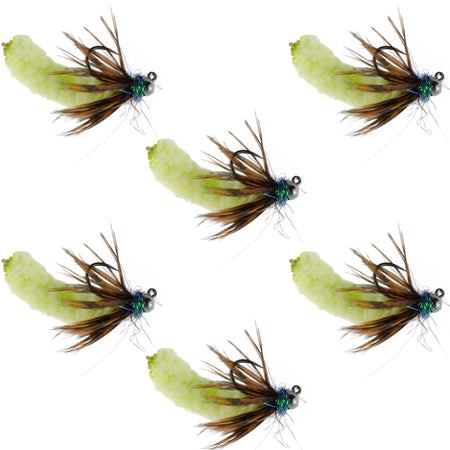 Tungsten Bead Chartreuse Mop Fly Tactical Jig Czech Euro Nymph Barbless Fly - 6 Flies Size 14 - Get Tight Gear