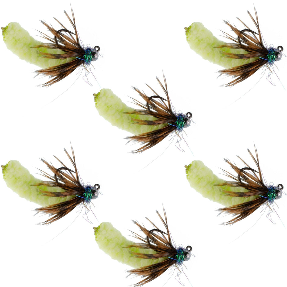 Tungsten Bead Chartreuse Mop Fly Tactical Jig Czech Euro Nymph Barbless Fly - 6 Flies Size 14 - Get Tight Gear