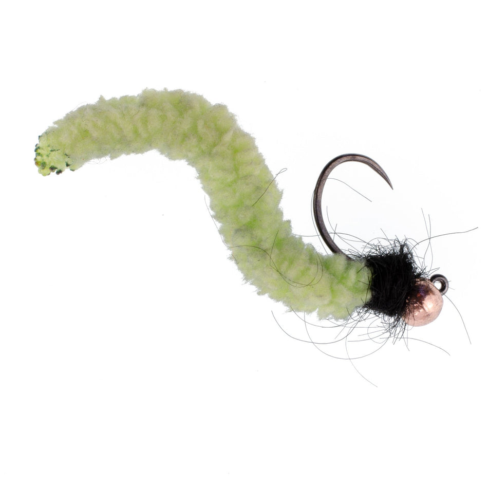 Tungsten Bead Chartreuse Wormy Mop Fly Tactical Jig Czech Euro Nymph Barbless Fly - 1 Dozen Flies Size 12 - Get Tight Gear