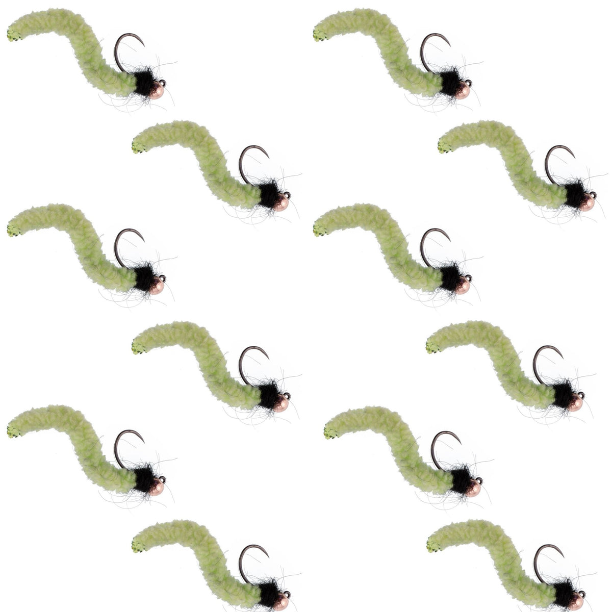 Tungsten Bead Chartreuse Wormy Mop Fly Tactical Jig Czech Euro Nymph Barbless Fly - 1 Dozen Flies Size 14 - Get Tight Gear