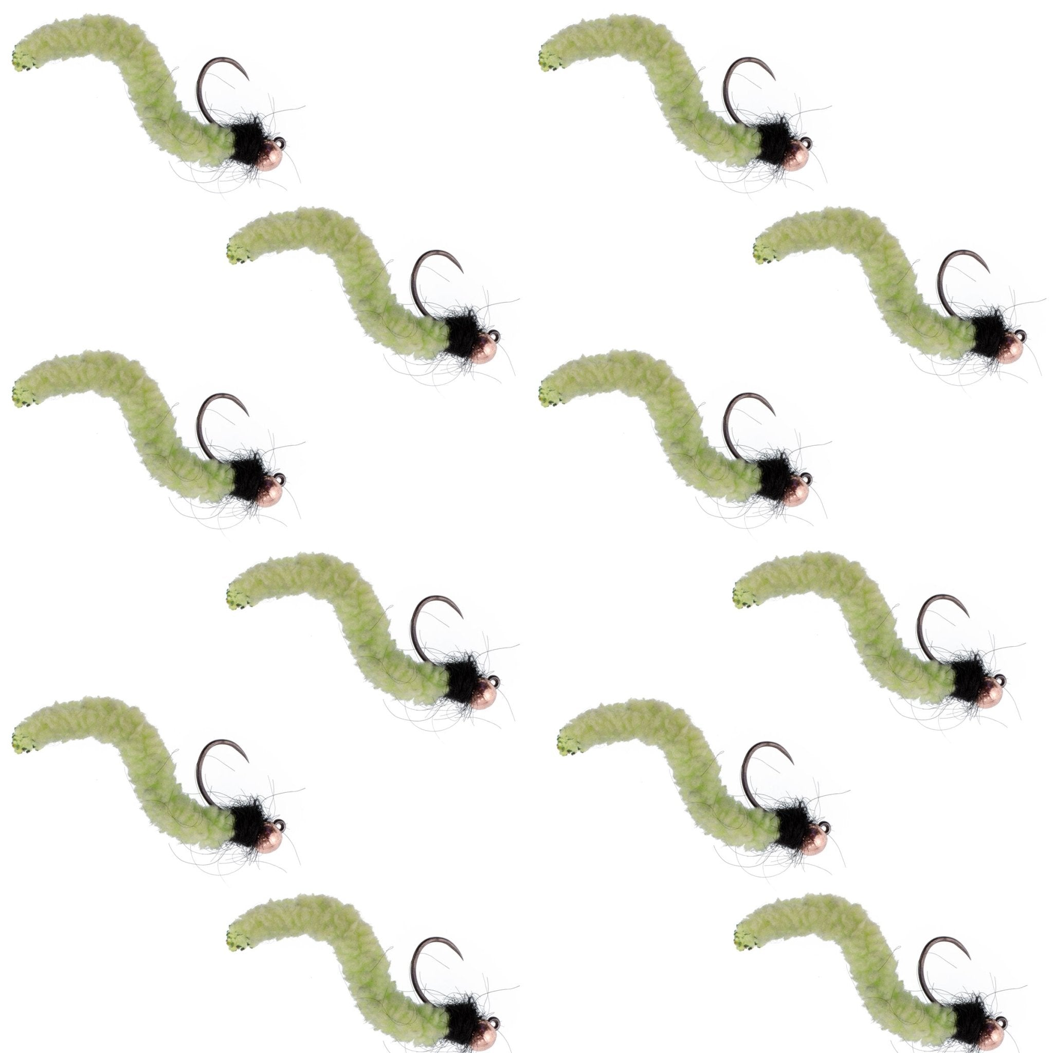Tungsten Bead Chartreuse Wormy Mop Fly Tactical Jig Czech Euro Nymph Barbless Fly - 1 Dozen Flies Size 14 - Get Tight Gear