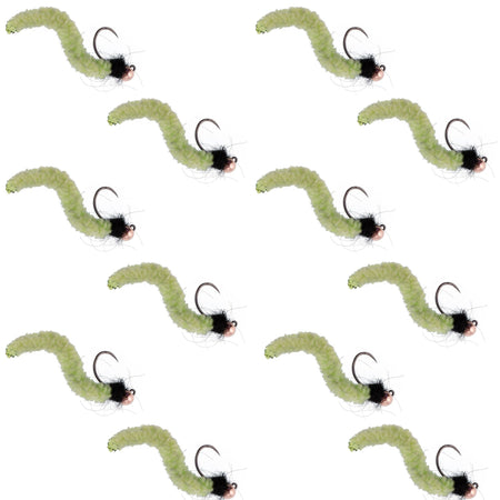 Tungsten Bead Chartreuse Wormy Mop Fly Tactical Jig Czech Euro Nymph Barbless Fly - 1 Dozen Flies Size 14 - Get Tight Gear