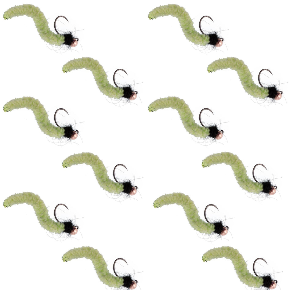 Tungsten Bead Chartreuse Wormy Mop Fly Tactical Jig Czech Euro Nymph Barbless Fly - 1 Dozen Flies Size 14 - Get Tight Gear