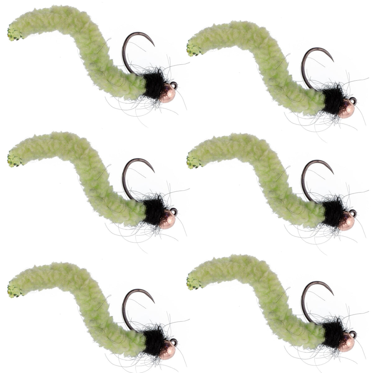 Tungsten Bead Chartreuse Wormy Mop Fly Tactical Jig Czech Euro Nymph Barbless Fly - 6 Flies Size 12 - Get Tight Gear