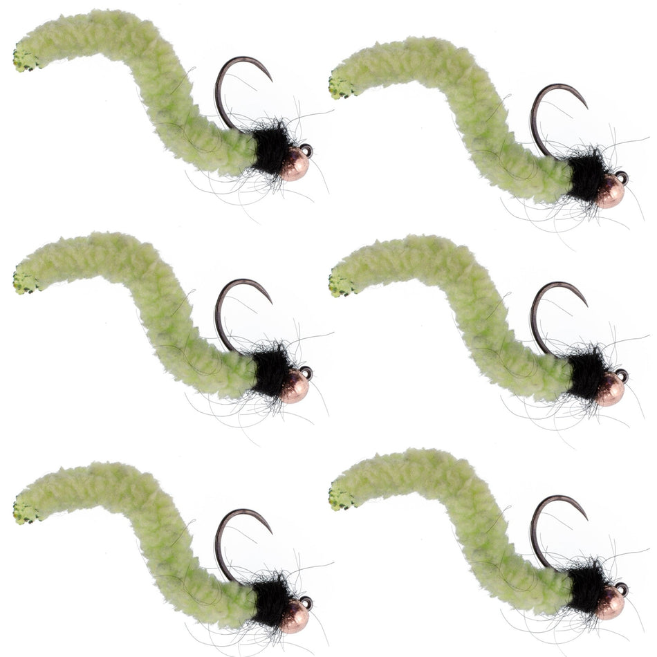 Tungsten Bead Chartreuse Wormy Mop Fly Tactical Jig Czech Euro Nymph Barbless Fly - 6 Flies Size 12 - Get Tight Gear