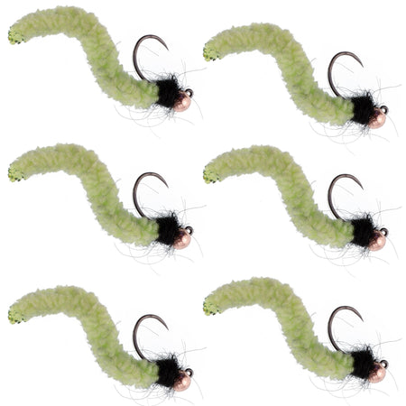 Tungsten Bead Chartreuse Wormy Mop Fly Tactical Jig Czech Euro Nymph Barbless Fly - 6 Flies Size 14 - Get Tight Gear