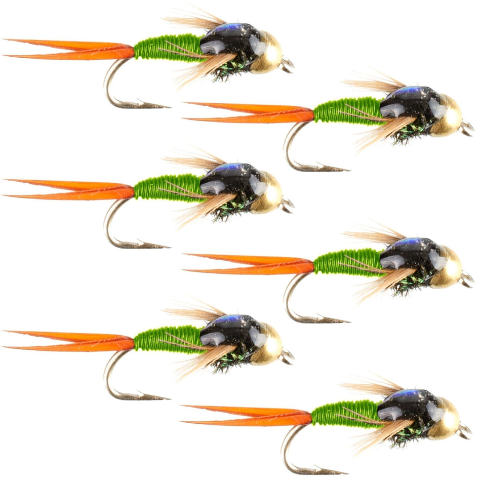 Tungsten Bead Head Chartreuse Copper John Nymph Fly Fishing Flies - Set of 6 Flies Hook Size 18 - Get Tight Gear