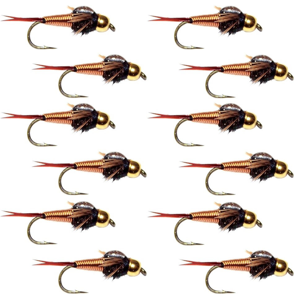 Tungsten Bead Head Copper John Nymph 1 Dozen Fly Fishing Flies - Hook Size 10 - Get Tight Gear