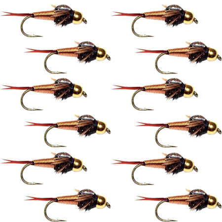 Tungsten Bead Head Copper John Nymph 1 Dozen Fly Fishing Flies - Hook Size 12 - Get Tight Gear