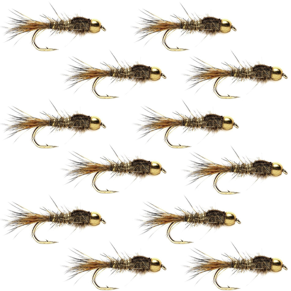 Tungsten Bead Head Gold Ribbed Hares Ear Nymph 1 Dozen Flies - Size 12 - Get Tight Gear