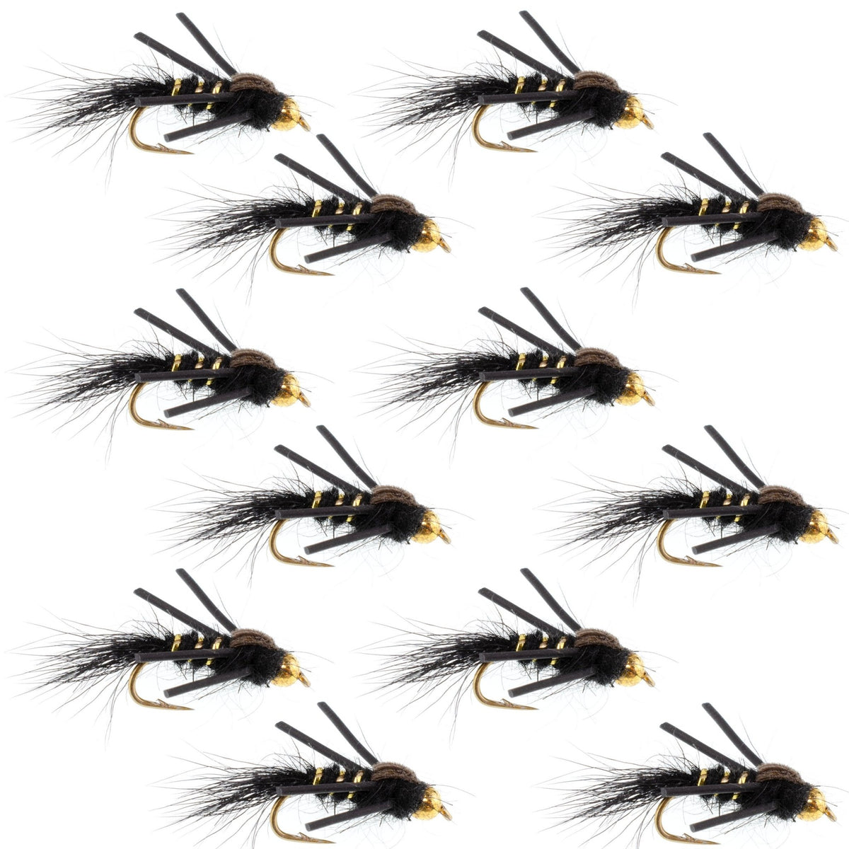 Tungsten Bead Head Rubber Legs Black Gold - Ribbed Hare's Ear Trout Fly Nymph - 1 Dozen Flies Hook Size 12 - Get Tight Gear