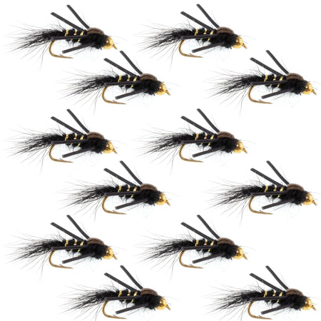 Tungsten Bead Head Rubber Legs Black Gold - Ribbed Hare's Ear Trout Fly Nymph - 1 Dozen Flies Hook Size 12 - Get Tight Gear