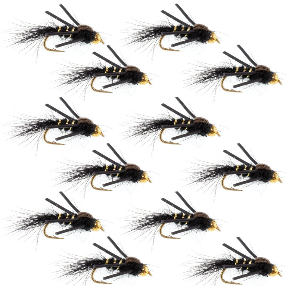 Tungsten Bead Head Rubber Legs Black Gold - Ribbed Hare's Ear Trout Fly Nymph - 1 Dozen Flies Hook Size 12 - Get Tight Gear