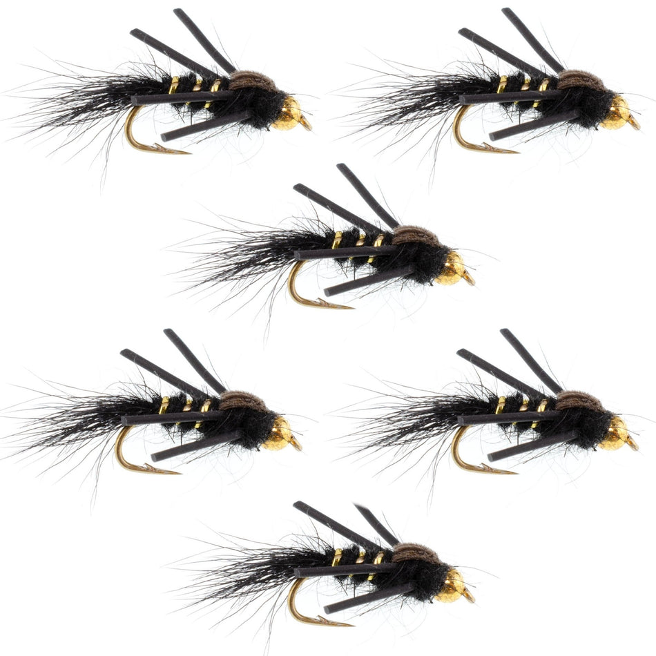 Tungsten Bead Head Rubber Legs Black Gold - Ribbed Hare's Ear Trout Fly Nymph - 6 Flies Hook Size 12 - Get Tight Gear